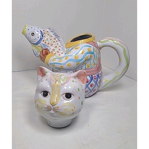 Cat Holding Fish Teapot Hand Painted World Bazaars Inc. - Picture 5 of 8